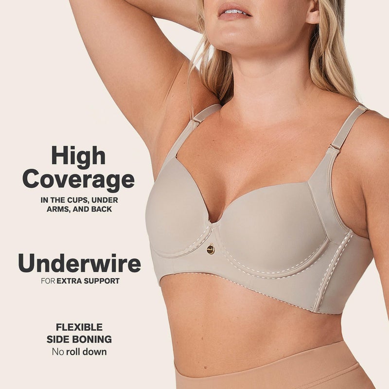 Leonisa Back Smoothing Bras for Women, Full Coverage Underwire Bra, Adjustable Hook & Eye Closure, Beige - Image 3
